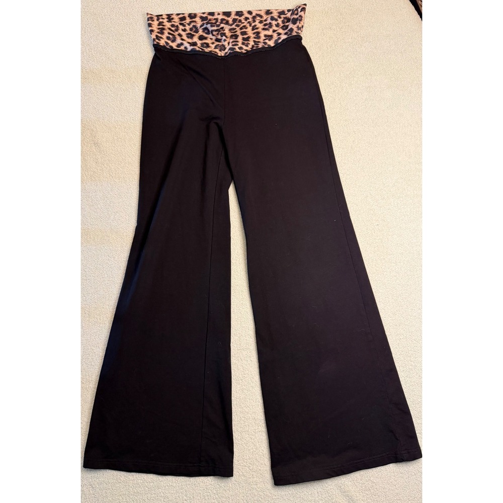 Edikted Black Wide Leg Yoga Pants Leopard Print Fold Over Waist Flare Medium